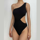 Traje de baño de una pieza con textura de un solo hombro, sólido y ahuecado